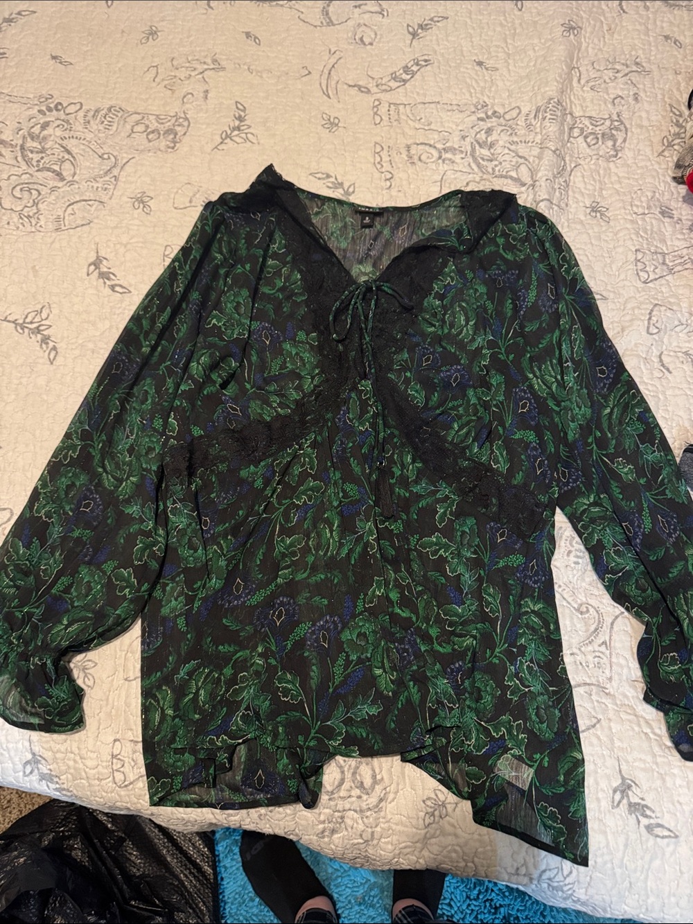 torrid Sheer Floral Lace-Trim Blouse in Green and Black